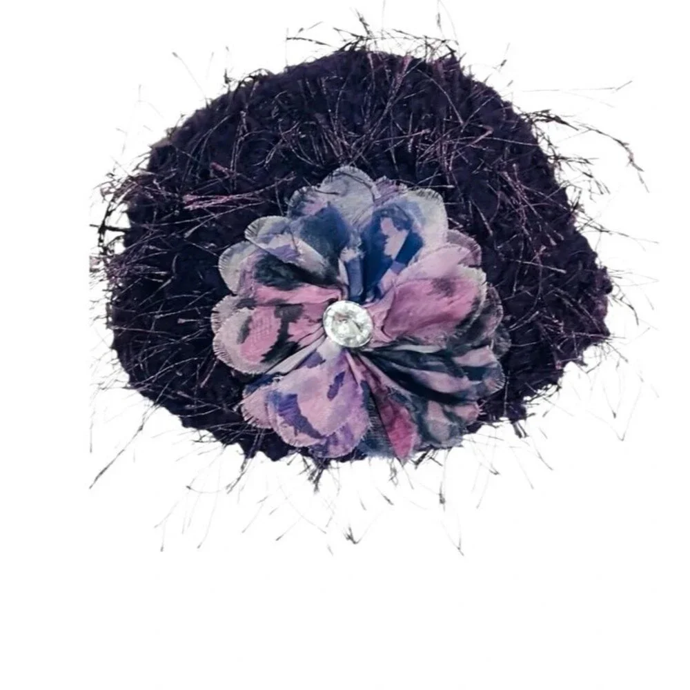 Handmade Fuzzy Knit Baby Photo Prop Diaper Cover And Hat Purple Flower Glam